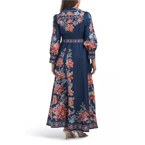 Dalia MacPhee Floral Maxi Dress Belted Button Front Sz Large NEW $250 Navy - Picture 4 of 13